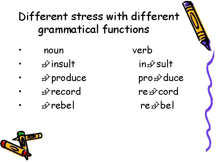 Different stress with different grammatical functions • • • noun insult produce record rebel