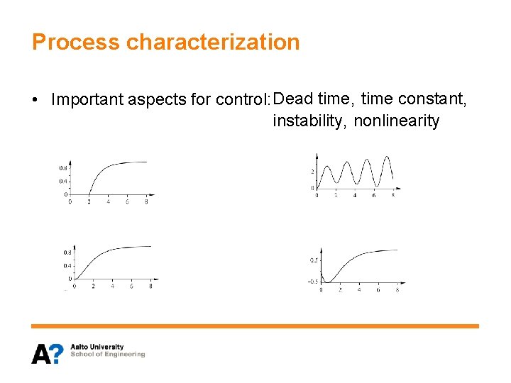 Process characterization • Important aspects for control: Dead time, time constant, instability, nonlinearity 