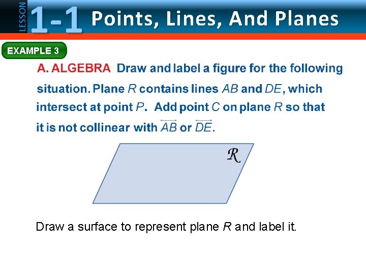 LESSON 1 -1 Points, Lines, And Planes EXAMPLE 3 Draw a surface to represent