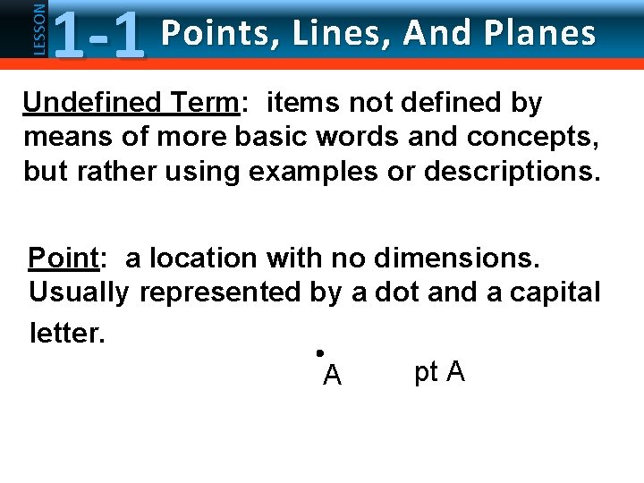 LESSON 1 -1 Points, Lines, And Planes Undefined Term: items not defined by means