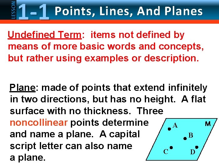 LESSON 1 -1 Points, Lines, And Planes Undefined Term: items not defined by means