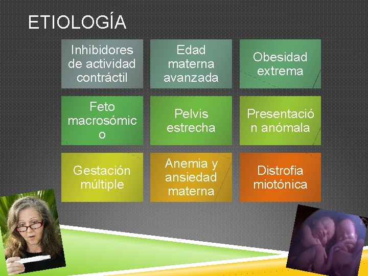 ETIOLOGÍA Inhibidores de actividad contráctil Edad materna avanzada Obesidad extrema Feto macrosómic o Pelvis