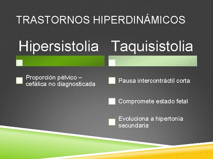 TRASTORNOS HIPERDINÁMICOS Hipersistolia Taquisistolia Proporción pélvico – cefálica no diagnosticada Pausa intercontráctil corta Compromete