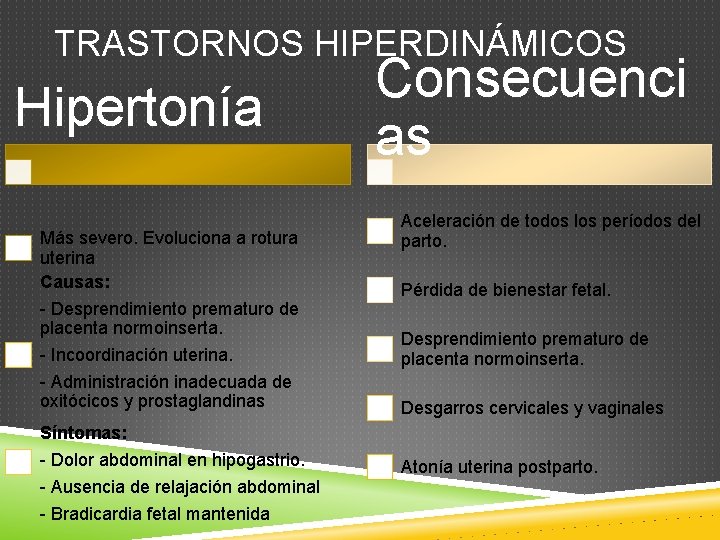 TRASTORNOS HIPERDINÁMICOS Hipertonía Más severo. Evoluciona a rotura uterina Causas: - Desprendimiento prematuro de