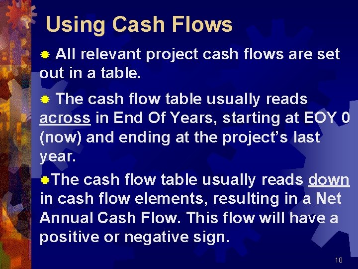 Using Cash Flows All relevant project cash flows are set out in a table.