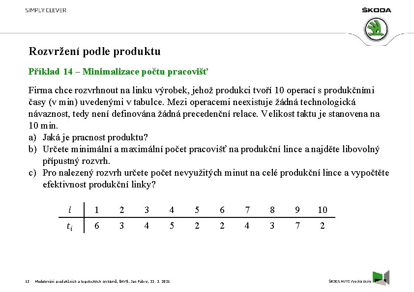 Rozvržení podle produktu Příklad 14 – Minimalizace počtu pracovišť Firma chce rozvrhnout na linku
