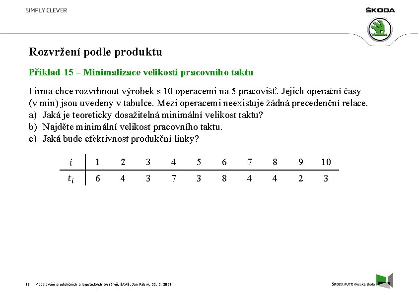 Rozvržení podle produktu Příklad 15 – Minimalizace velikosti pracovního taktu Firma chce rozvrhnout výrobek