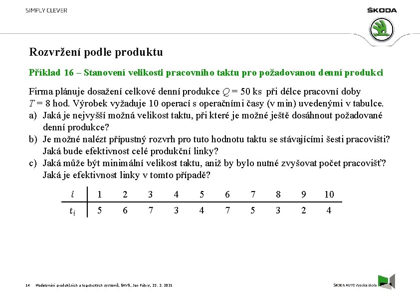 Rozvržení podle produktu Příklad 16 – Stanovení velikosti pracovního taktu pro požadovanou denní produkci