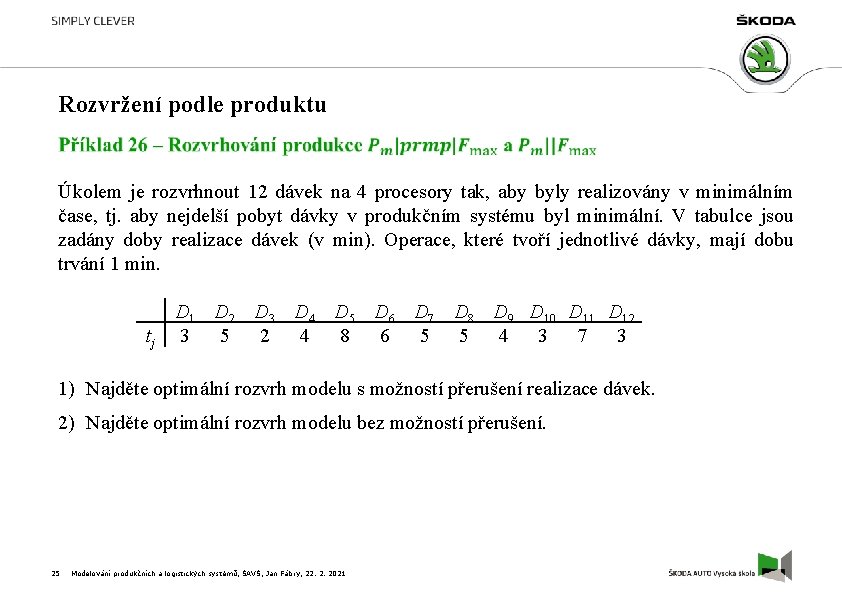 Rozvržení podle produktu Úkolem je rozvrhnout 12 dávek na 4 procesory tak, aby byly