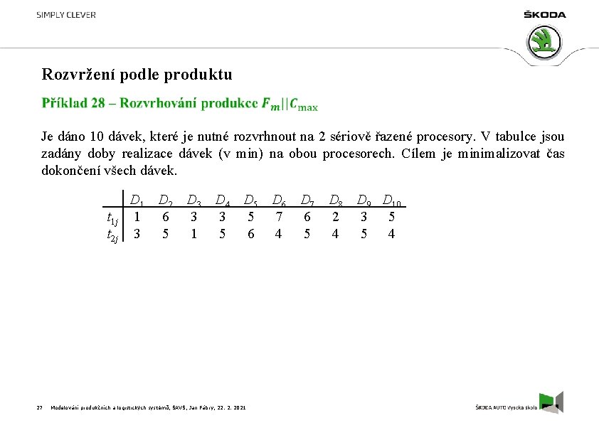 Rozvržení podle produktu Je dáno 10 dávek, které je nutné rozvrhnout na 2 sériově