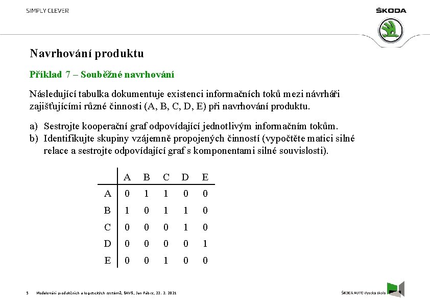 Navrhování produktu Příklad 7 – Souběžné navrhování Následující tabulka dokumentuje existenci informačních toků mezi