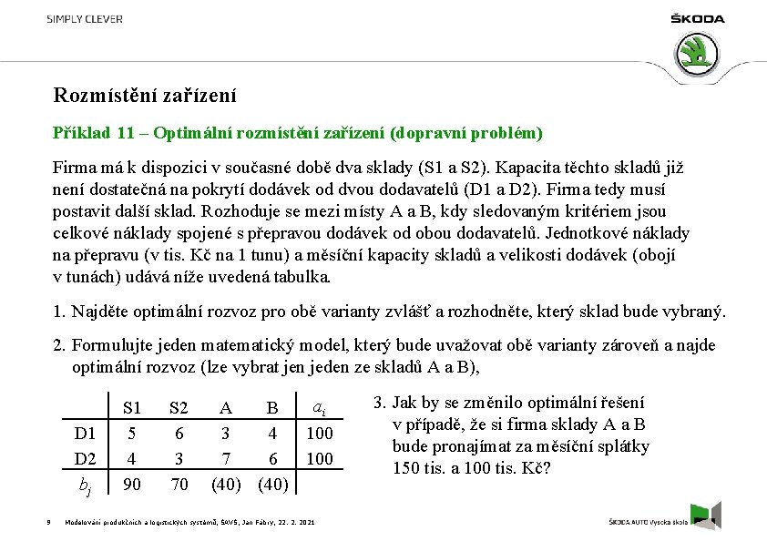 Rozmístění zařízení Příklad 11 – Optimální rozmístění zařízení (dopravní problém) Firma má k dispozici