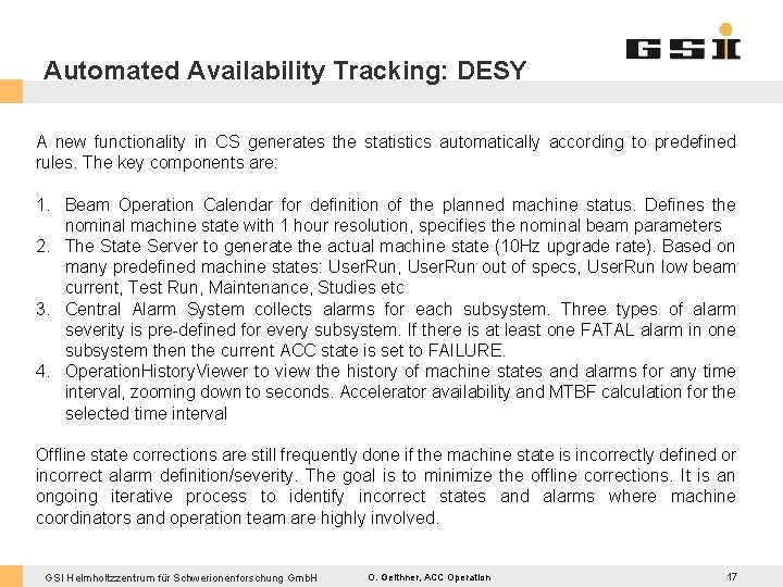 Automated Availability Tracking: DESY A new functionality in CS generates the statistics automatically according