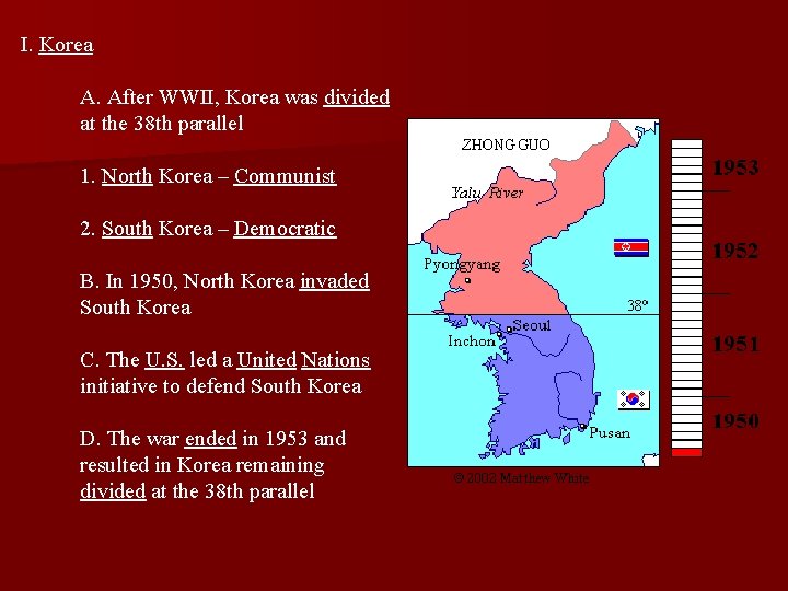 I. Korea A. After WWII, Korea was divided at the 38 th parallel 1.