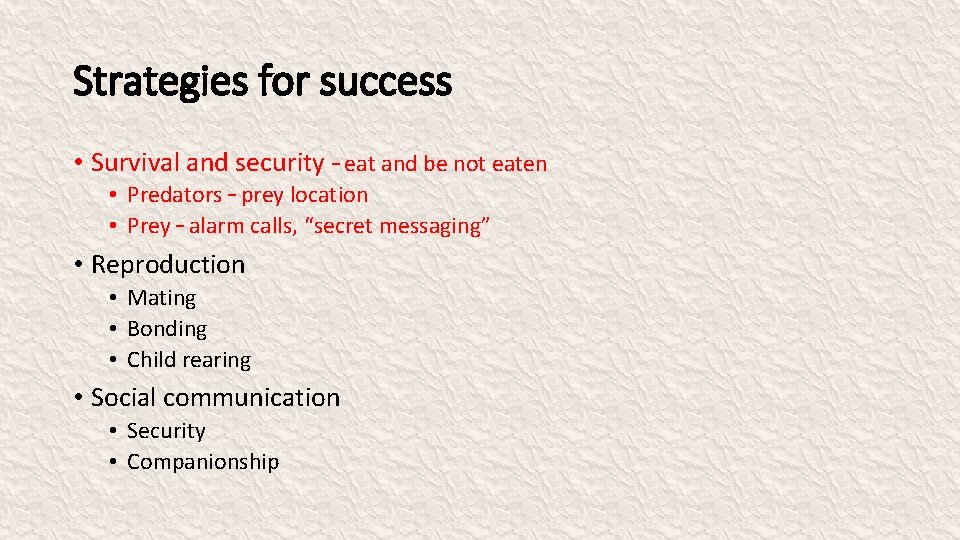 Strategies for success • Survival and security – eat and be not eaten •