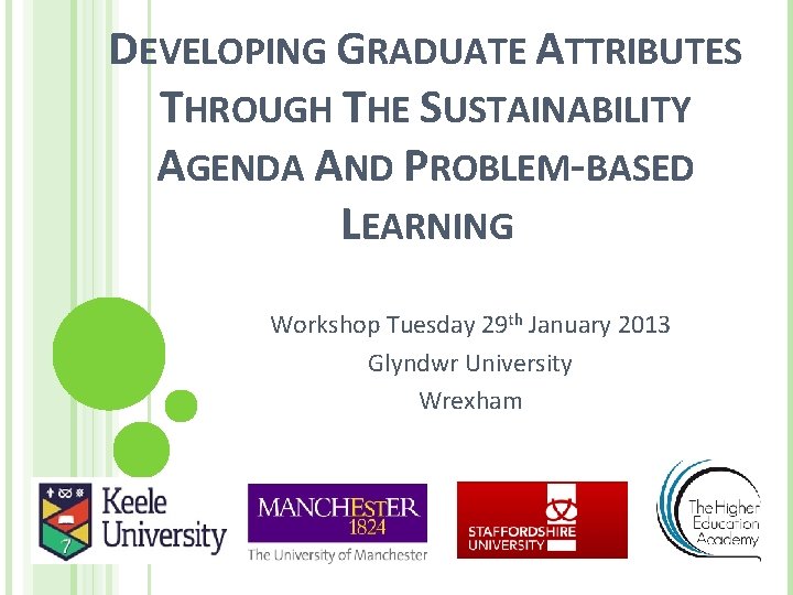 DEVELOPING GRADUATE ATTRIBUTES THROUGH THE SUSTAINABILITY AGENDA AND PROBLEM-BASED LEARNING Workshop Tuesday 29 th