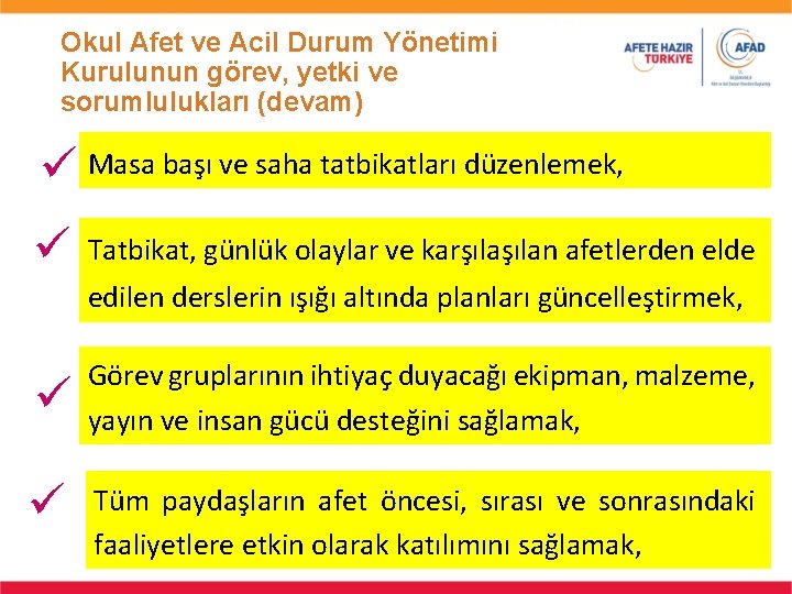 Okul Afet ve Acil Durum Yönetimi Kurulunun görev, yetki ve sorumlulukları (devam) Masa başı Okul Afet ve Acil Durum Yönetimi Kurulunun görev, yetki ve sorumlulukları (devam) Masa başı