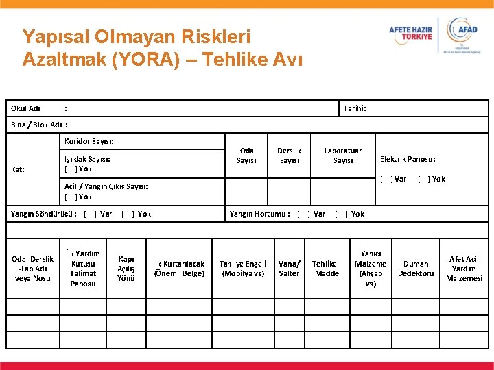 Yapısal Olmayan Riskleri Azaltmak (YORA) – Tehlike Avı Okul Adı : Tarihi: Bina /