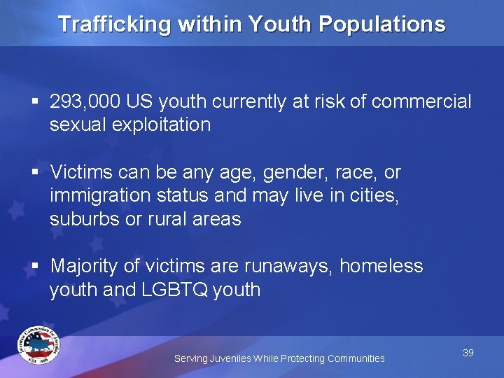 Trafficking within Youth Populations § 293, 000 US youth currently at risk of commercial