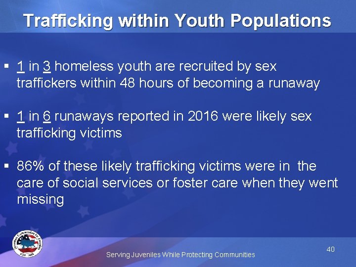 Trafficking within Youth Populations § 1 in 3 homeless youth are recruited by sex