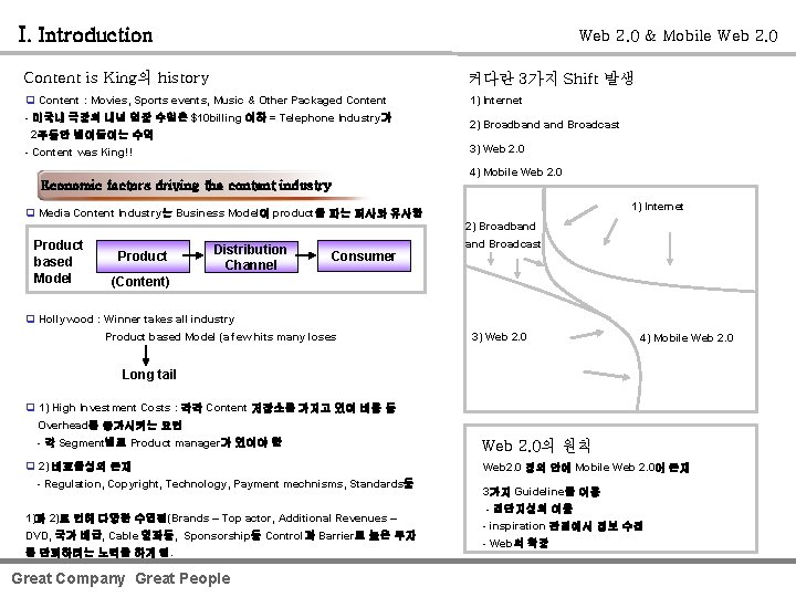I. Introduction Web 2. 0 & Mobile Web 2. 0 Content is King의 history