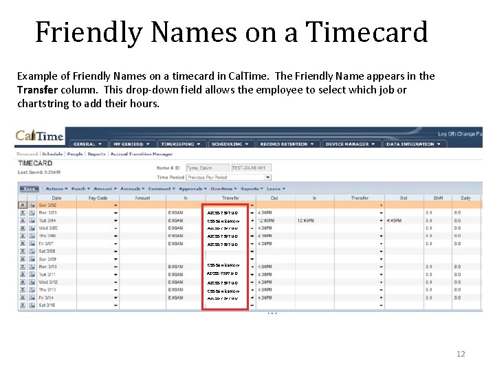 Friendly Names on a Timecard Example of Friendly Names on a timecard in Cal.