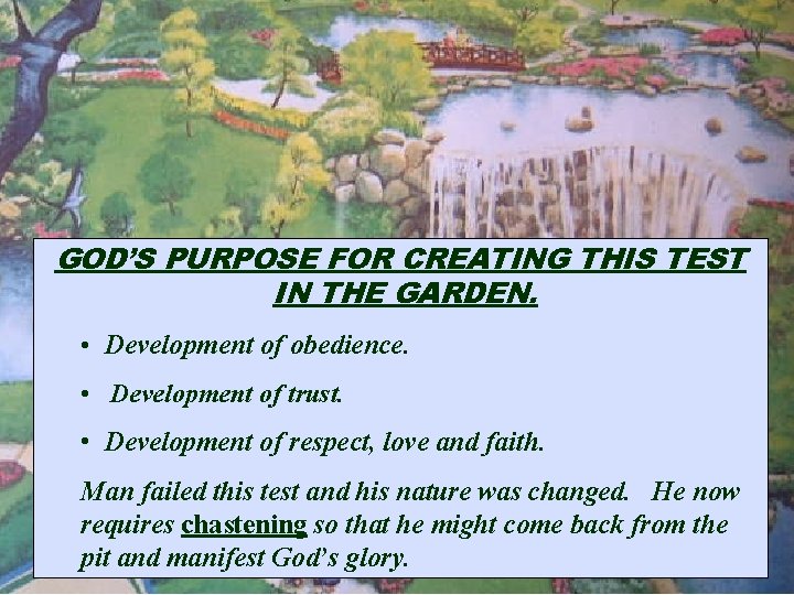 GOD’S PURPOSE FOR CREATING THIS TEST IN THE GARDEN. • Development of obedience. •