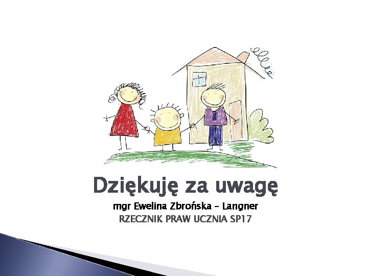 Dziękuję za uwagę mgr Ewelina Zbrońska – Langner RZECZNIK PRAW UCZNIA SP 17 