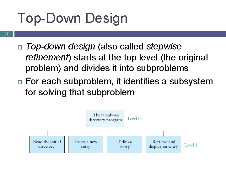 Top-Down Design 27 Top-down design (also called stepwise refinement) starts at the top level