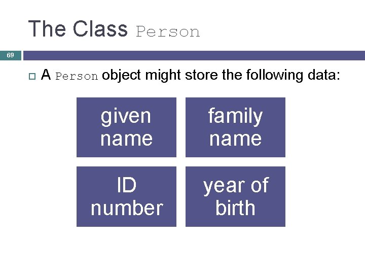 The Class Person 69 A Person object might store the following data: given name