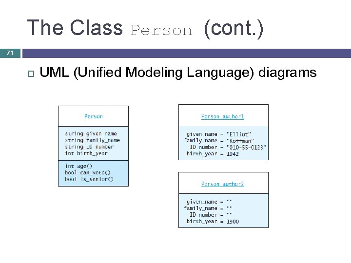 The Class Person (cont. ) 71 UML (Unified Modeling Language) diagrams 