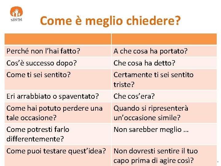 Come è meglio chiedere? Perché non l’hai fatto? Cos’è successo dopo? Come ti sentito?