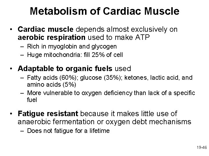 Metabolism of Cardiac Muscle • Cardiac muscle depends almost exclusively on aerobic respiration used