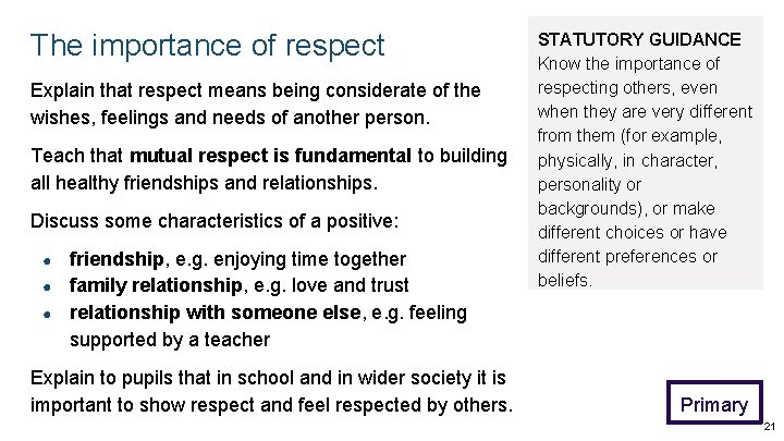 The importance of respect Explain that respect means being considerate of the wishes, feelings The importance of respect Explain that respect means being considerate of the wishes, feelings