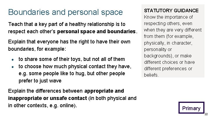 Boundaries and personal space Teach that a key part of a healthy relationship is Boundaries and personal space Teach that a key part of a healthy relationship is