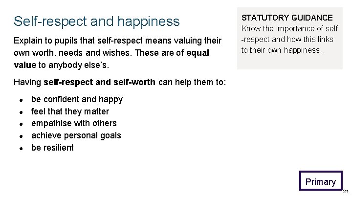 Self-respect and happiness Explain to pupils that self-respect means valuing their own worth, needs Self-respect and happiness Explain to pupils that self-respect means valuing their own worth, needs