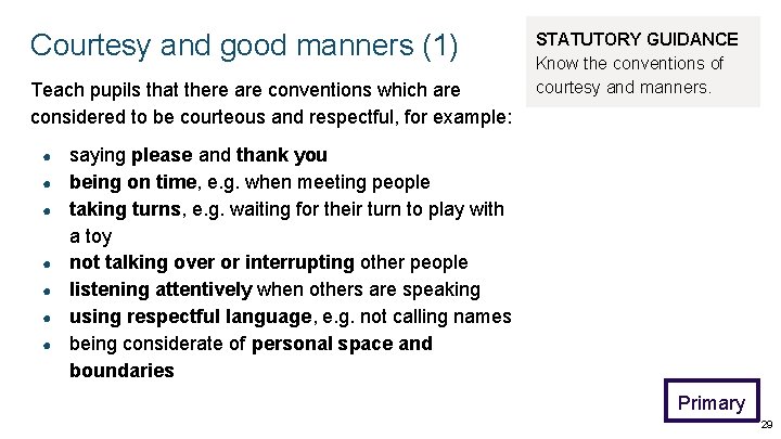 Courtesy and good manners (1) Teach pupils that there are conventions which are considered Courtesy and good manners (1) Teach pupils that there are conventions which are considered