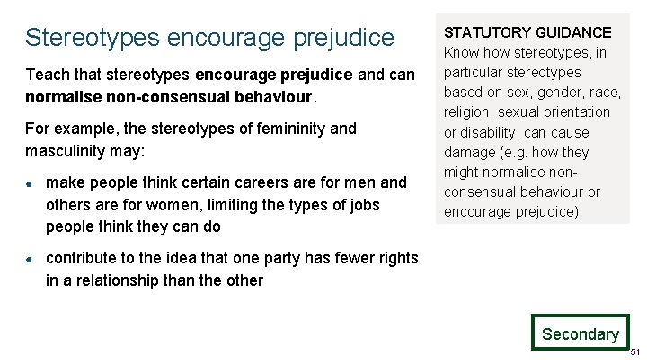 Stereotypes encourage prejudice Teach that stereotypes encourage prejudice and can normalise non-consensual behaviour. For Stereotypes encourage prejudice Teach that stereotypes encourage prejudice and can normalise non-consensual behaviour. For