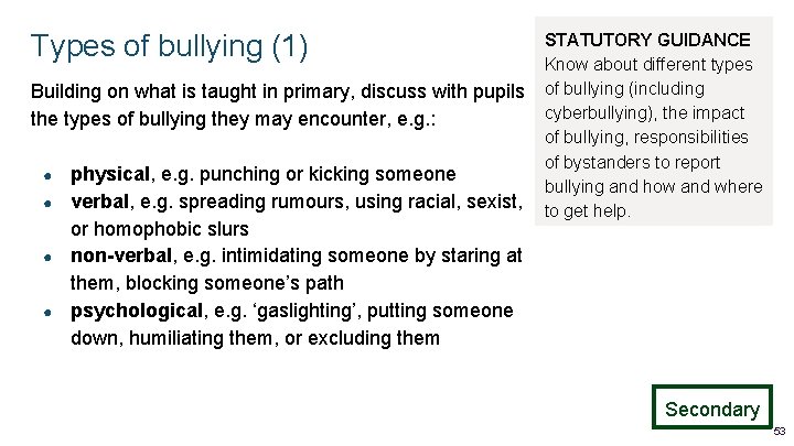 Types of bullying (1) Building on what is taught in primary, discuss with pupils Types of bullying (1) Building on what is taught in primary, discuss with pupils