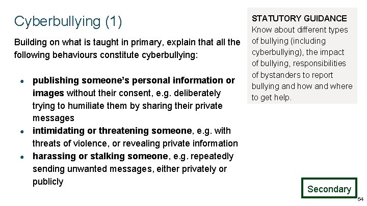 Cyberbullying (1) Building on what is taught in primary, explain that all the following Cyberbullying (1) Building on what is taught in primary, explain that all the following