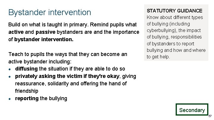 Bystander intervention Build on what is taught in primary. Remind pupils what active and Bystander intervention Build on what is taught in primary. Remind pupils what active and