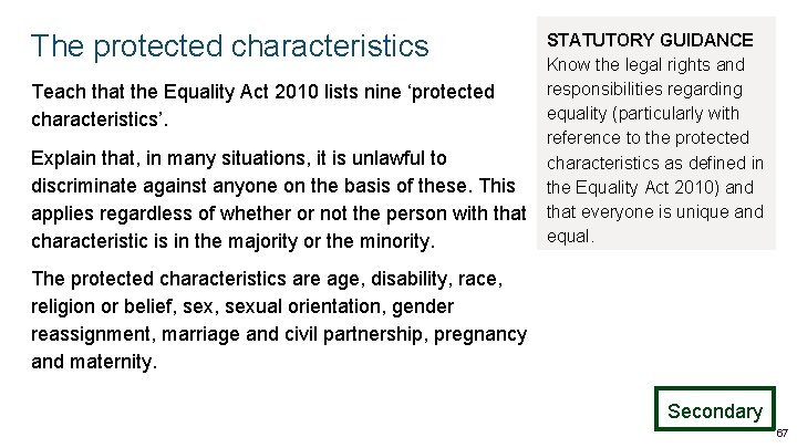 The protected characteristics Teach that the Equality Act 2010 lists nine ‘protected characteristics’. Explain The protected characteristics Teach that the Equality Act 2010 lists nine ‘protected characteristics’. Explain