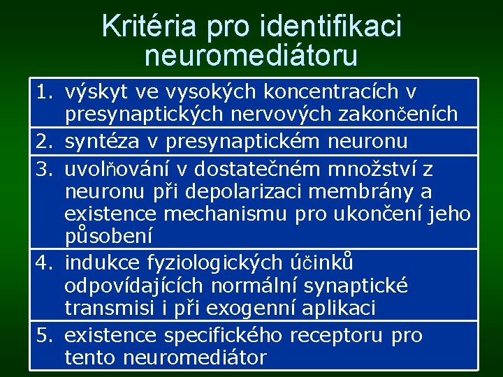 Kritéria pro identifikaci neuromediátoru 1. výskyt ve vysokých koncentracích v presynaptických nervových zakončeních 2.