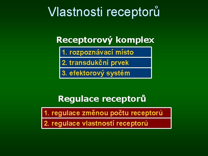 Vlastnosti receptorů Receptorový komplex 1. rozpoznávací místo 2. transdukční prvek 3. efektorový systém Regulace