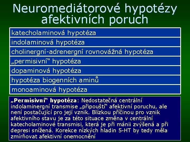 Neuromediátorové hypotézy afektivních poruch katecholaminová hypotéza indolaminová hypotéza cholinergní-adrenergní rovnovážná hypotéza „permisivní“ hypotéza dopaminová