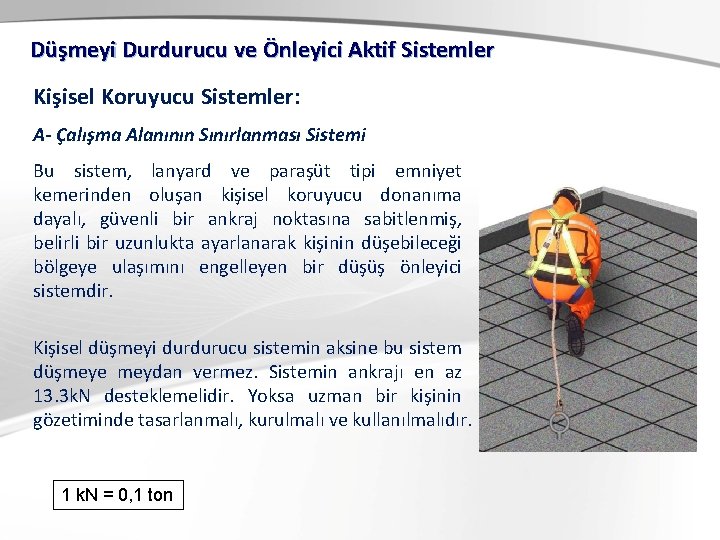 Düşmeyi Durdurucu ve Önleyici Aktif Sistemler Kişisel Koruyucu Sistemler: A- Çalışma Alanının Sınırlanması Sistemi