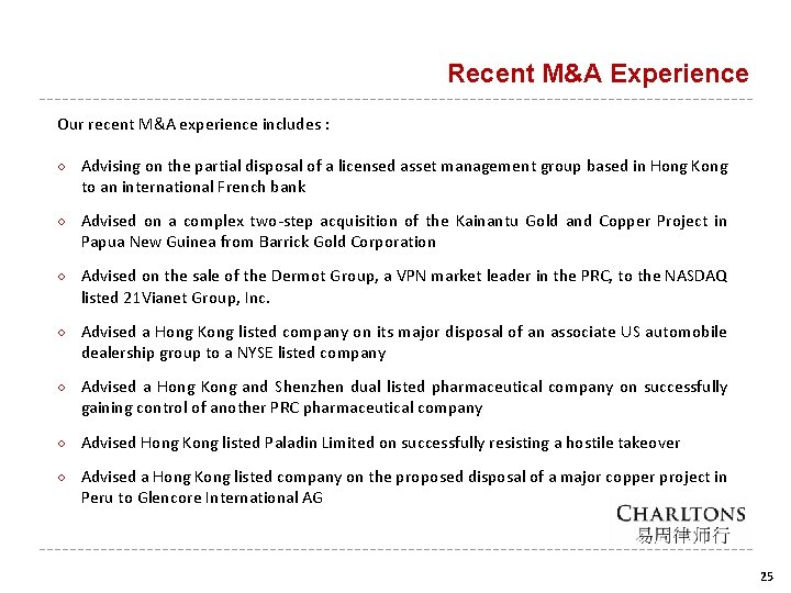 Recent M&A Experience Our recent M&A experience includes : ○ Advising on the partial