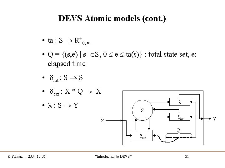 DEVS Atomic models (cont. ) • ta : S R+0, • Q = {(s,