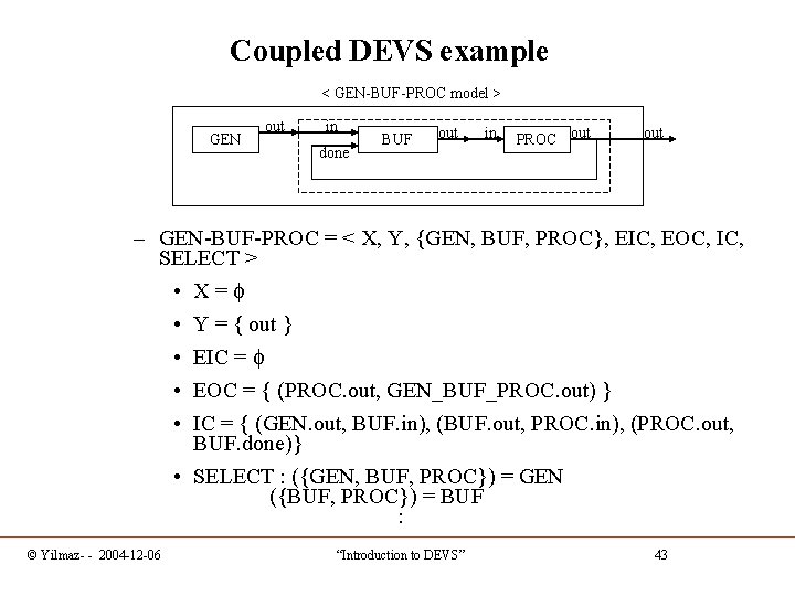 Coupled DEVS example < GEN-BUF-PROC model > GEN out in done BUF out in