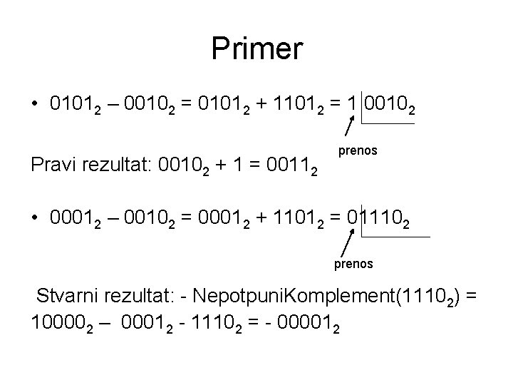 Primer • 01012 – 00102 = 01012 + 11012 = 1 00102 Pravi rezultat:
